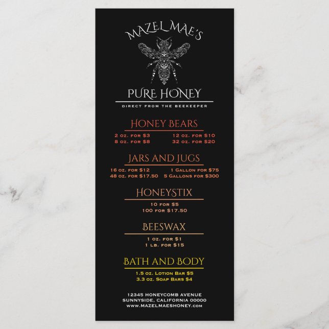 Menú Apiary Honey personalizado (Anverso)