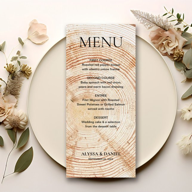 Menú Arbol Boda Rústico Grano de madera (Rustic wood tree bark background, wedding menu. Fully customizable and unique.)