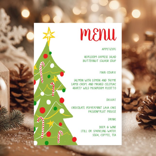 Menú Árbol de Navidad Dibujado a Mano Fiesta de Vacacio (Christmas Tree Hand Drawn Holiday Party CUSTOM Dinner Party Celebration Menu
)
