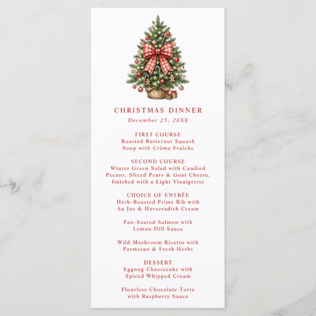Menú Árbol de Navidad Elegante con Lazo de Gingham Rojo (Anverso)