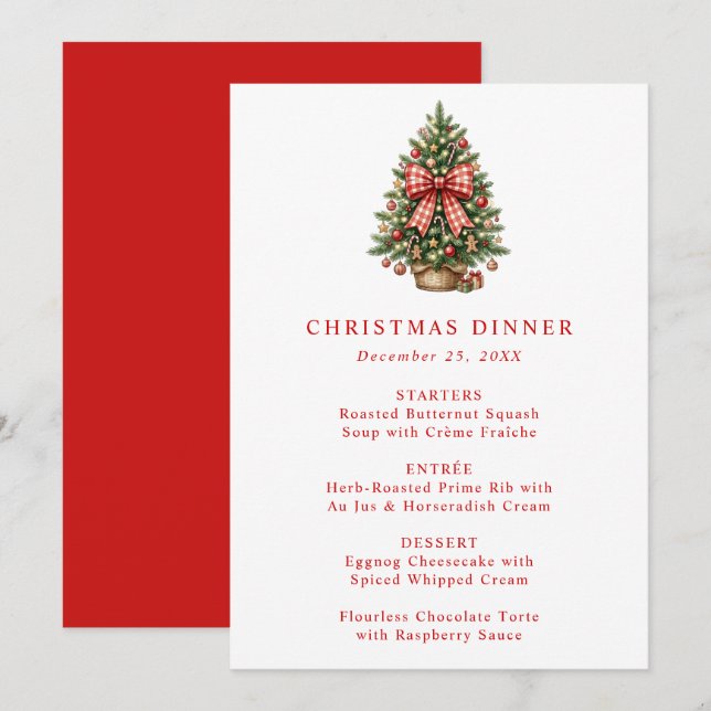 Menú Árbol de Navidad Elegante con Lazo de Gingham Rojo (Anverso / Reverso)