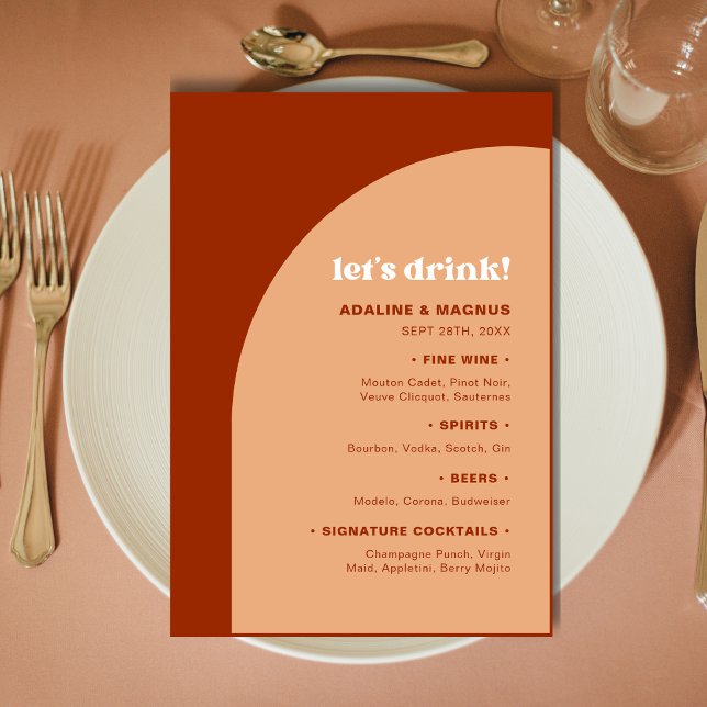 Menú Arco de Terracota Chic Peach Brindemos Boda (Chic peach terracotta arch wedding menu adds warm style while showcasing your drink selection.)