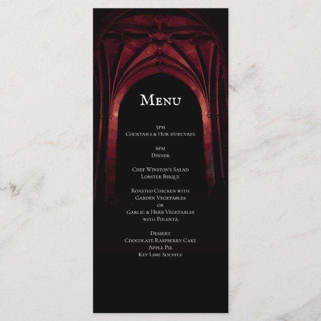 Menú Arco Gótico Elegante Boda Oscura Rojo Negro (Anverso)