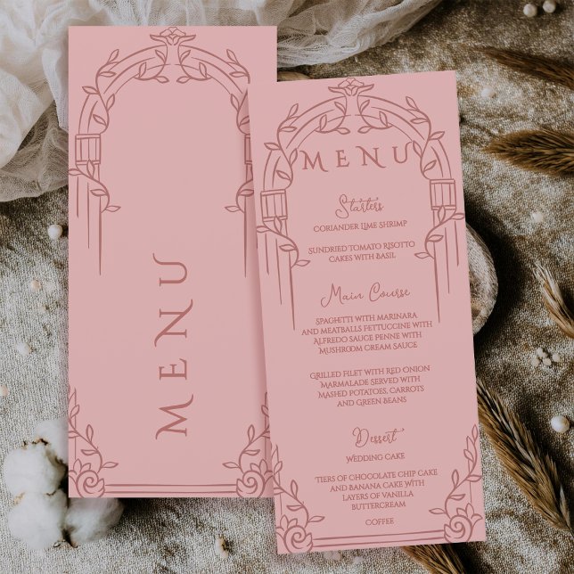 Menú Arco Ornate de Rosa Polvorienta para Boda Botánica (Dusty Rose Ornate Arch Botanical Wedding Menu Card)