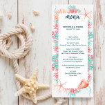 Menú Arrecife de coral tropical | Bajo El Boda Del Mar<br><div class="desc">El menú boda, de temática náutica "Under the Sea", incluye una colorida barrera de coral acuarela y conchas marinas en tonos agua, menta, coral y rosa con letras azul marino. El lado inverso es un patrón de conchas marinas y corales en un fondo azul marino. Coordina con mi colección "Tropical...</div>