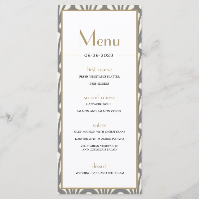 Menú Art Deco Boda Gris rugiendo veinteañería (Anverso)