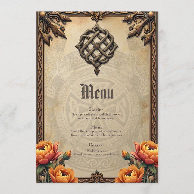 Menú Arte celta y esplendor floral en tonos cálidos. (Anverso)