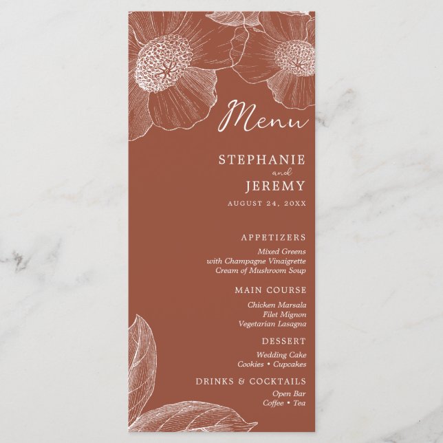Menú Arte de línea floral de Naranja quemado de te (Anverso)