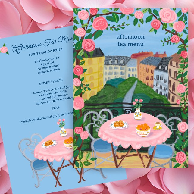 Menú Arte de té personalizado en París en el balcón con (CUSTOM Paris Tea on the Balcony with a View Art Tea Party Menu
)