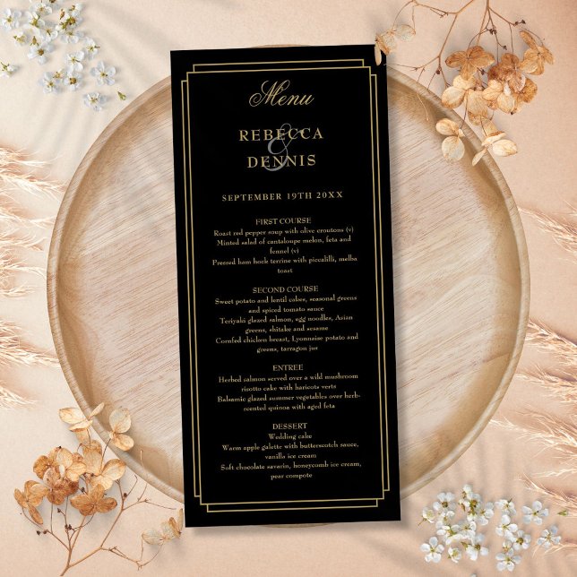 Menú Arte Deco Clásico Boda Negra y Dorada (Classic Art Deco Black And Gold Wedding Menu)