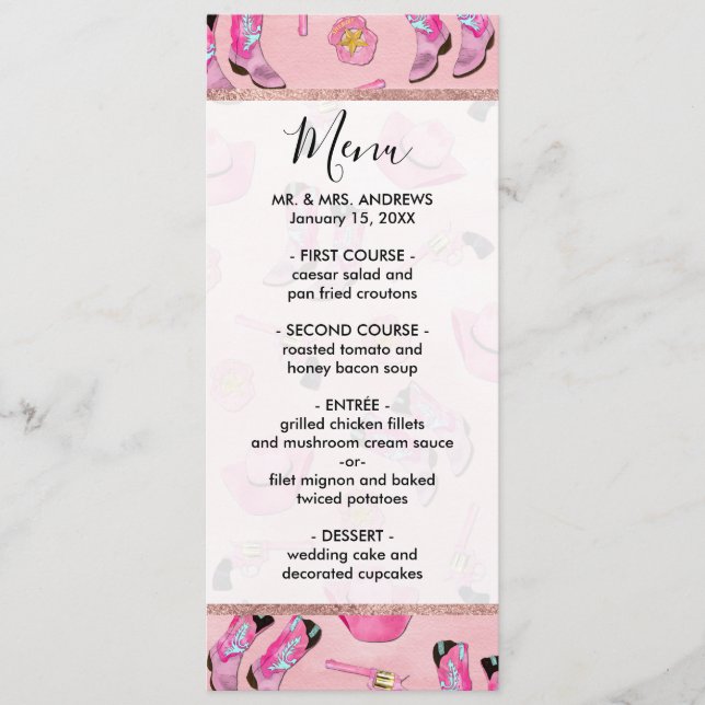 Menú Artsy Cute Girone Pink Verde azulado Cowgirl Water (Anverso)