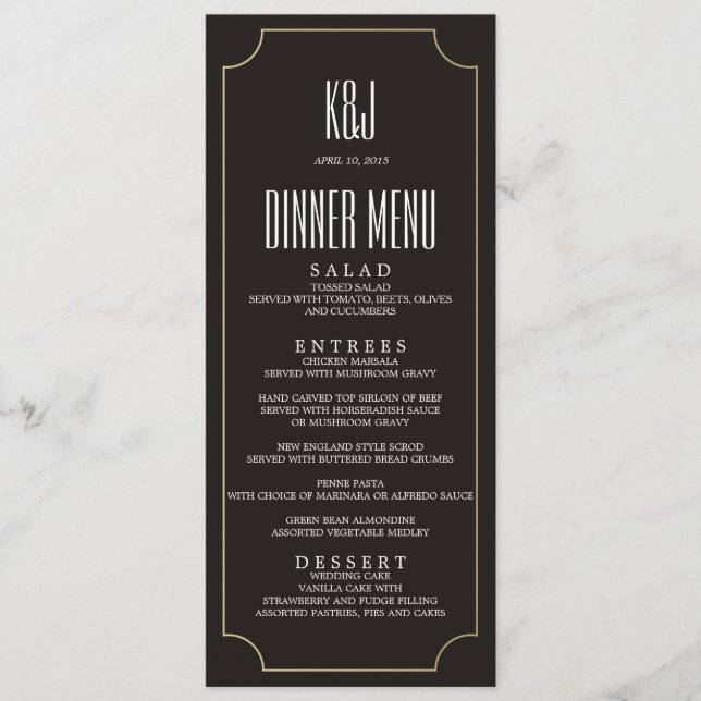 Menú ATRACTIVO de la cena de boda del MONOGRAMA DE (Anverso)