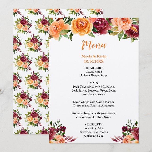 Menú Autumn Burgundy and Orange Floral Wedding (Anverso / Reverso)