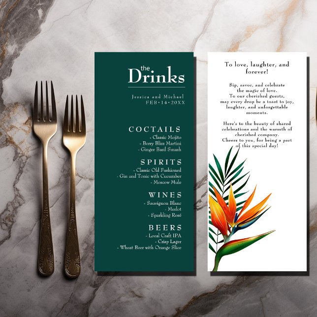 Menú Aves del paraíso cuelgan las bebidas (Birds of Paradise Bliss  double sided Drinks menu. Custom message at the back)