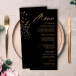 Menú Aves elegantes de una pluma negra y Boda de oro<br><div class="desc">Estos elegantes menús bodas son fáciles de personalizar. Presentan una elegante lectura topográfica,  "Menú" en un falso Relieve metalizado de oro,  así como una bandada de pájaros en la parte trasera en un falso Relieve metalizado de oro.</div>