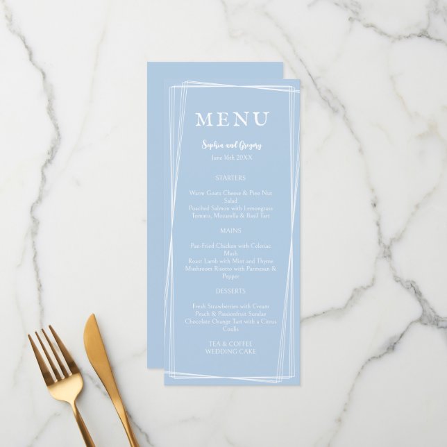 Menú Azul Claro Elegante Boda Estiloso Personalizable (Anverso/Reverso In Situ)