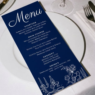 Menú Azul Cobalto Old Money Ilustrado Chic Boda