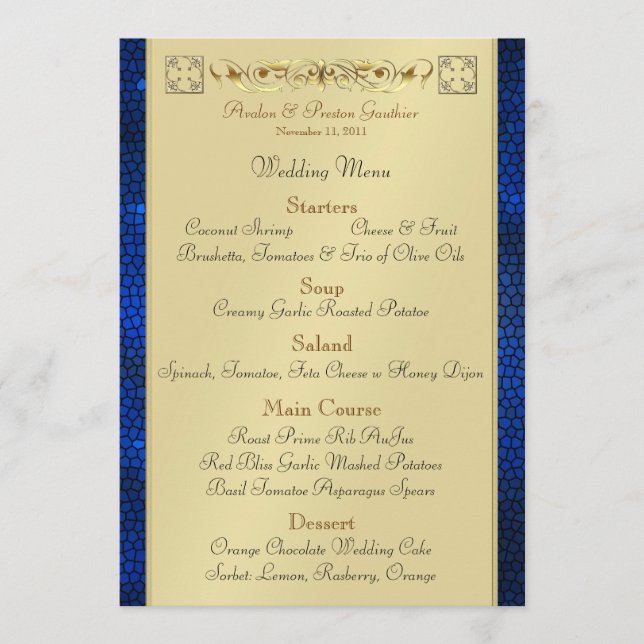 Menú azul de la boda del vitral de la voluta del (Anverso)