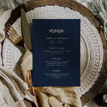 Menú Azul de la marina de escritura Minimalista moderna<br><div class="desc">Esta elegante y minimalista tarjeta de menú boda cuenta con una tipografía de escritura moderna y un texto limpio y sans serif para un diseño sencillo y elegante de color azul marino que le encantará.</div>