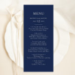 Menú Azul marino mínimo clásico | Cena Boda plateada<br><div class="desc">Este clásico azul marino mínimo | el menú de la cena boda plateado es excelente para una boda romántica y elegante. La paleta de color azul marino oscuro y la tipografía vintage mínima le dan un toque formal de moda. El diseño es flexible, perfecto para una simple noche contemporánea, primavera,...</div>