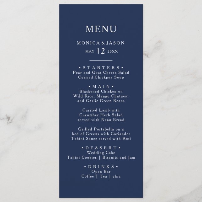 Menú Azul marino mínimo clásico | Cena Boda plateada (Anverso)