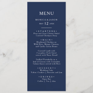 Menú Azul marino mínimo clásico Cena Boda plateada