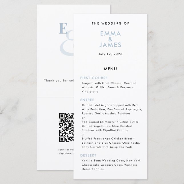 Menú Azul Polvoriento Ampersand Boda | Código QR | Eleg (Anverso / Reverso)