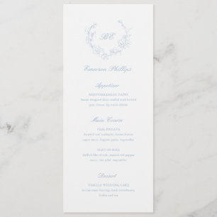 Menú Azul Polvoriento Monograma Nombre del Invitado Bod