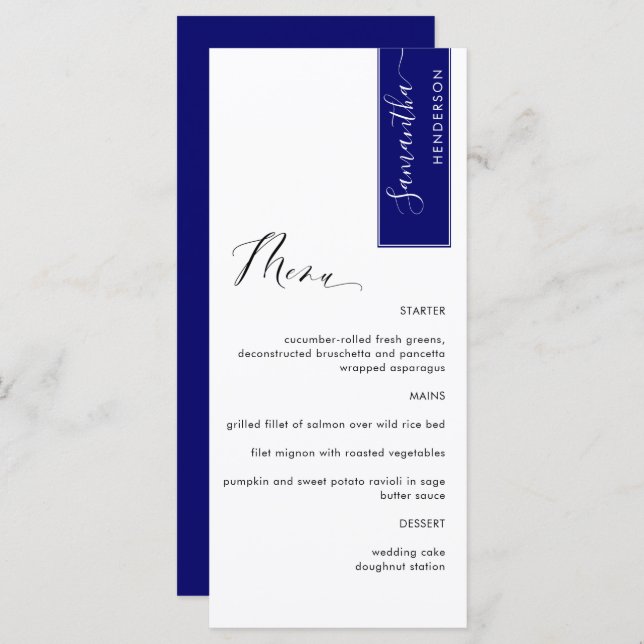 Menú Azul real, personalizado con nombre de invitado el (Anverso / Reverso)