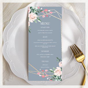 Menú Azul turbio   Oro   Boda Floral rosa Rubor