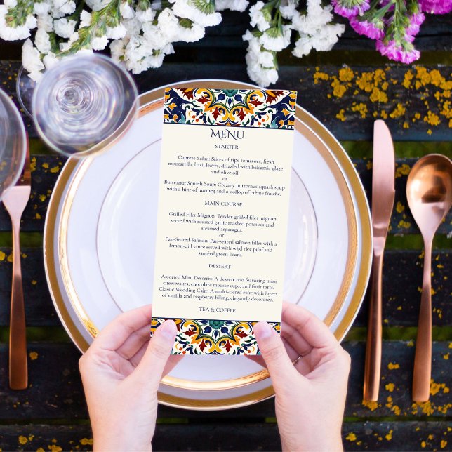 Menú Azulejo azulejos azules portugueses tema mediterrá (Azulejo blue Portuguese Talavera tiles Mediterranean Morocco Turkish wedding theme Menu template)