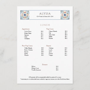 Menú Azulejo Europeo Simple y Elegante para Restaurante