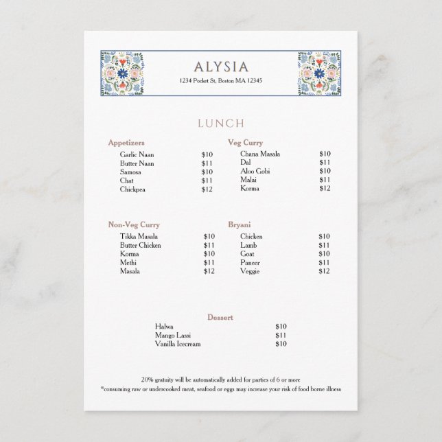 Menú Azulejo Europeo Simple y Elegante para Restaurante (Anverso)