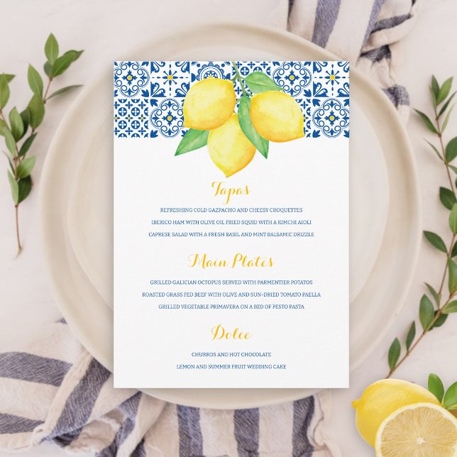 Menú Azulejo Mediterráneo Acuarela Limón Boda (Subido por el creador)