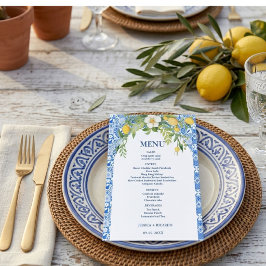 Menú Azulejo Mediterráneo Azul Limón Boho Boda Italiana