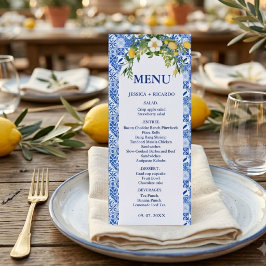 Menú Azulejo mediterráneo azul limón Boho Boda italiana