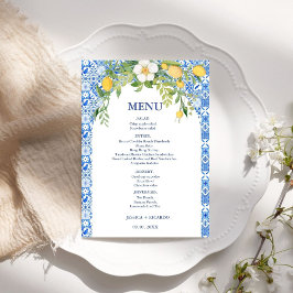 Menú Azulejo Mediterráneo Azul Limón Boho Boda Italiana