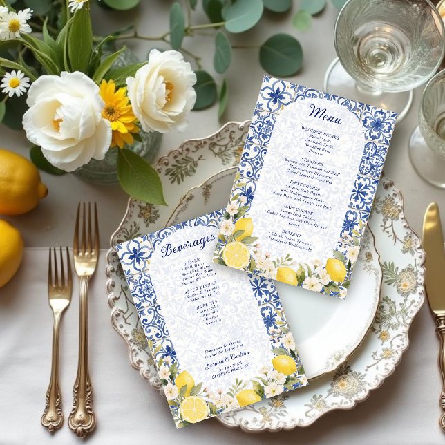 Menú Azulejos Mediterráneos y Guirnalda de Limón  (Mediterranean Tiles and Lemon Garland Wedding Menu.)