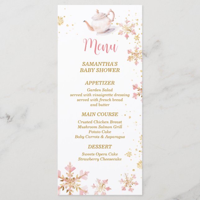Menú Baby Is Brewing Pink Winter Tea Party Baby Shower (Anverso)