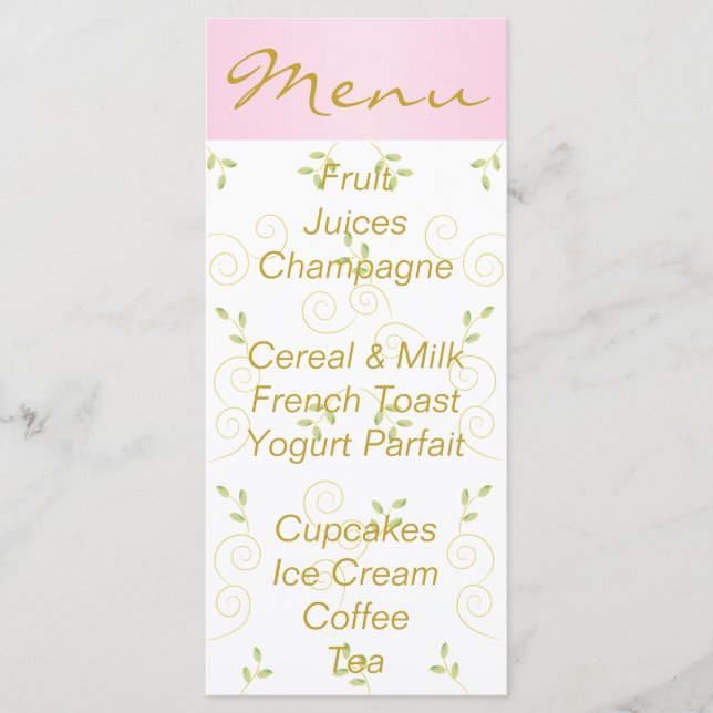 Menú Baby Shower "Aves rosadas doradas" (Anverso)