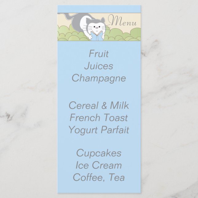 Menú Baby Shower "Blue Cat Library" (Anverso)