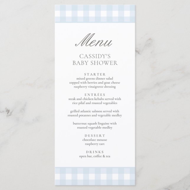 Menú Baby Shower Blue Gingham Boy (Anverso)