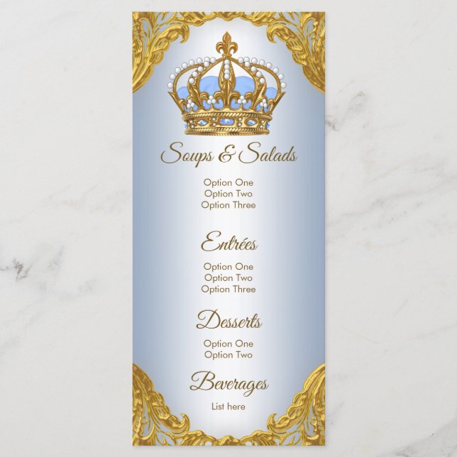 Menú Baby Shower Blue Gold Prince (Anverso)