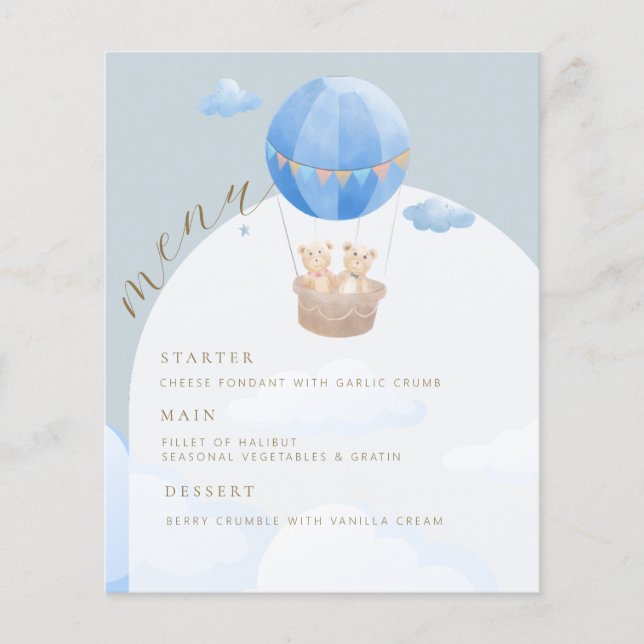 Menú Baby Shower Blue Hot Air Balloon Bear Arch (Anverso)