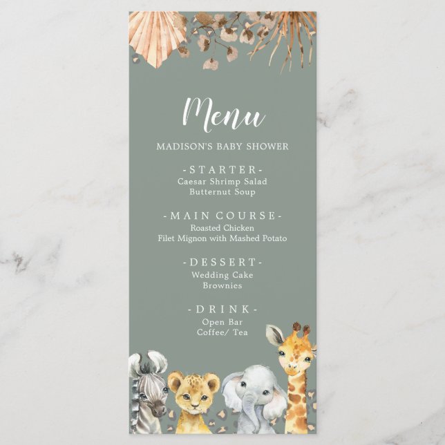 Menú Baby Shower Boho Sage Green Safari Oh Boy (Anverso)