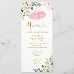 Menú Baby Shower de Ballerina Rosa y Oro Tutu