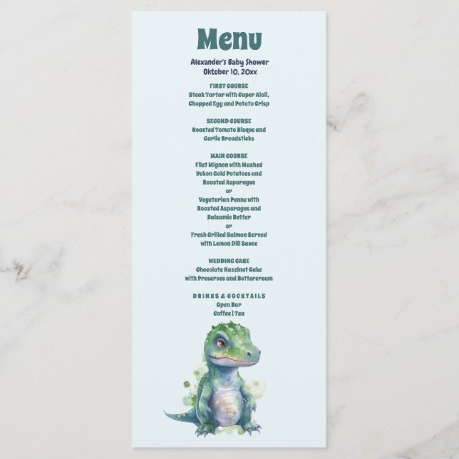Menú Baby Shower de Dinosaur (Anverso)