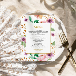 Menú Baby Shower de flores rosadas y moradas Rosas