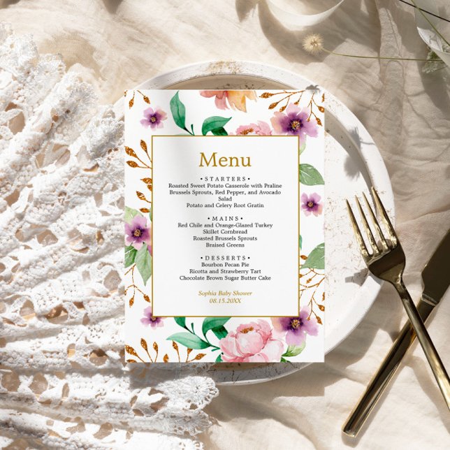 Menú Baby Shower de flores rosadas y moradas Rosas (Subido por el creador)