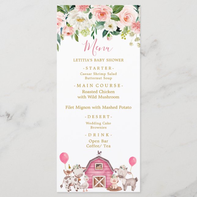 Menú Baby Shower de la granja rosada chica (Anverso)